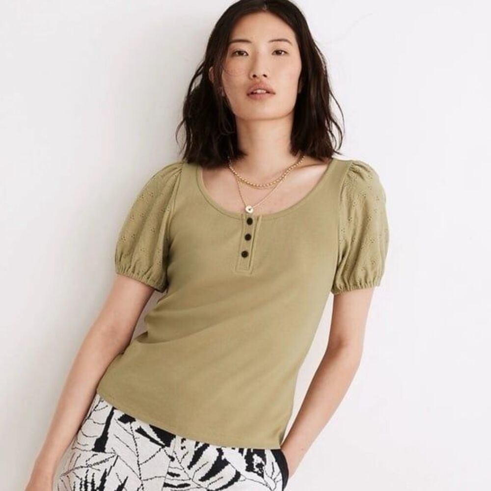 Madewell Women's 100% Cotton Embroidered Eyelet Puff Sleeve Scoop Neck Top M